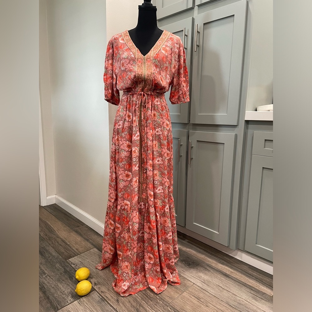 Bohemian Coral Floral V-Neck Maxi Dress with Drawstring Waist